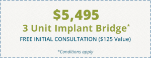 A coupon advertising a free initial consualtation and a $5,495 three unit implant bridge