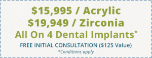 Coupon advertising a special offering a free initial consultation and either a $15,995 acrylic or $19,995 zirconia all on 4 dental implants