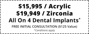 Coupon advertising a special offering a free initial consultation and either a $15,995 acrylic or $19,995 zirconia all on 4 dental implants
