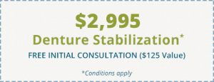 A coupon advertising a free initial consualtation and a $2,995 denture stabilization