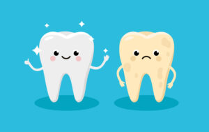 Illustration of a happy white tooth next to a sad yellow discolored tooth against a blue background