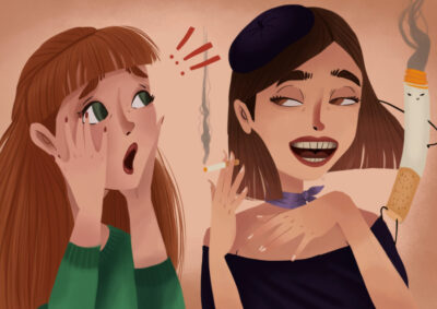 Graphic illustration of a woman reacting to another woman smoking.