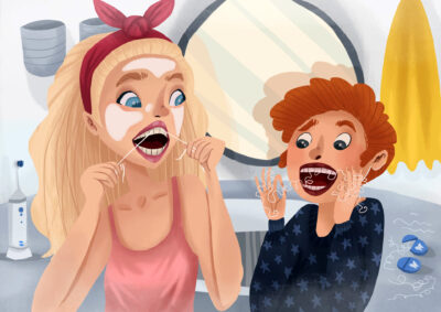 Graphic illustration of two people learning how to floss with dental floss.