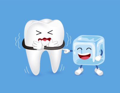 Vector of tooth sensitivity with an ice cube as a cause of tooth sensitivity.