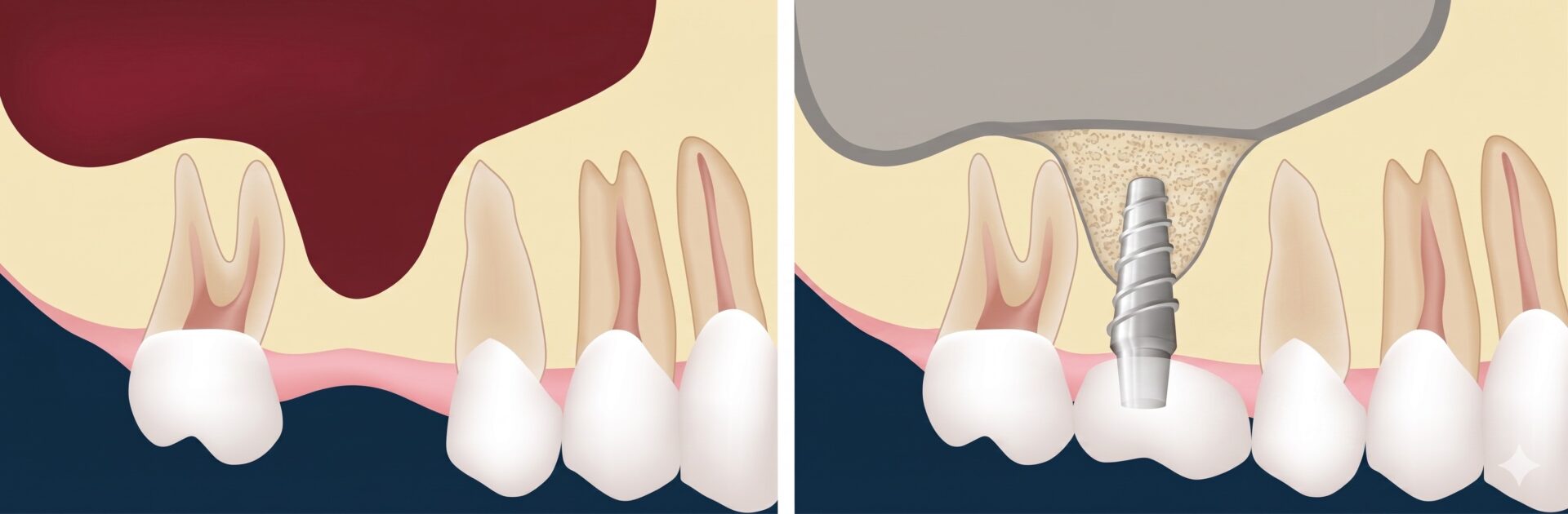 Sinus lift illustration before and after — left side shows the maxillary sinus extending down into the area of a missing upper back tooth with insufficient bone, right side shows the sinus membrane lifted, bone graft material placed, and a dental implant restored in the augmented bone