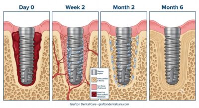 Osseointegration stages — cross-section showing bone growing into titanium dental implant from Day 0 through Month 6 · Grafton Dental Care