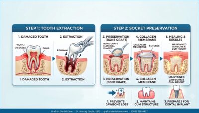 Socket preservation procedure at Grafton Dental Care — bone graft placed at time of tooth extraction to maintain jaw ridge for future dental implant